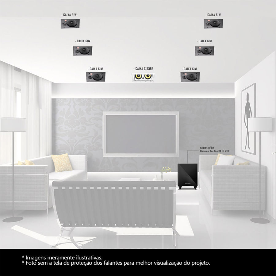 Kit Home Theater 7.1 JBL Caixa de Embutir Teto Arena 6IW + Canal