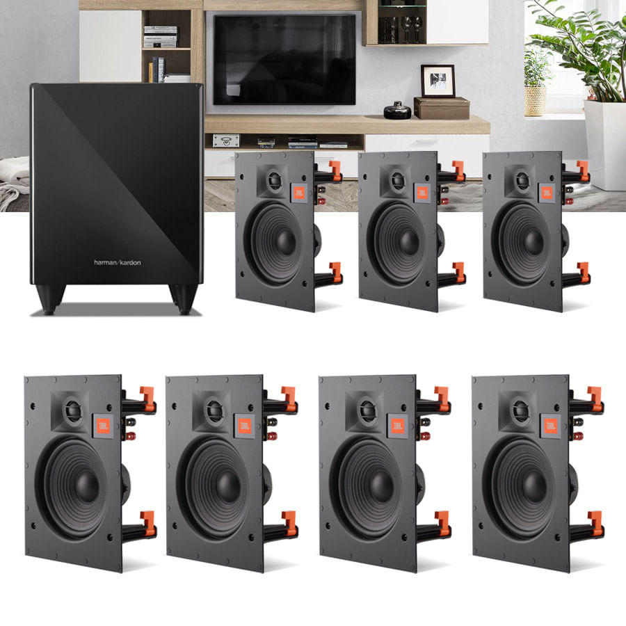 Kit Home Theater 7.1 JBL Caixa de Embutir Teto Arena 6IW + Sub 210
