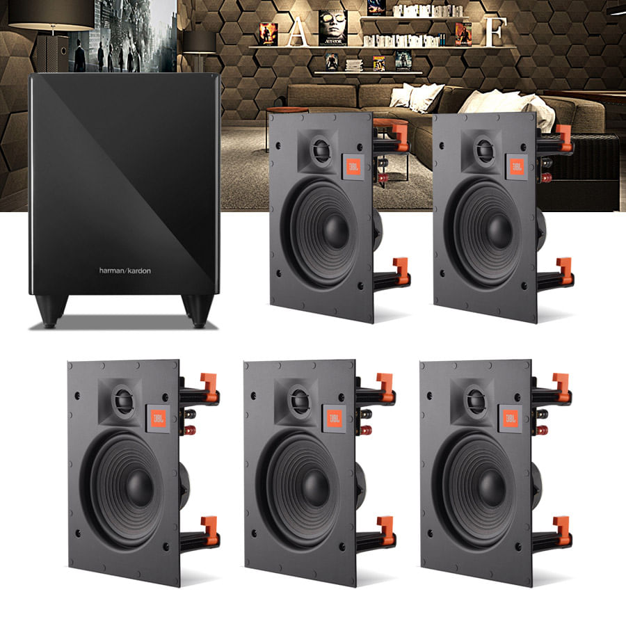 Kit Home Theater 5.1 JBL Caixa de Embutir Teto Arena 8IW + Sub 210